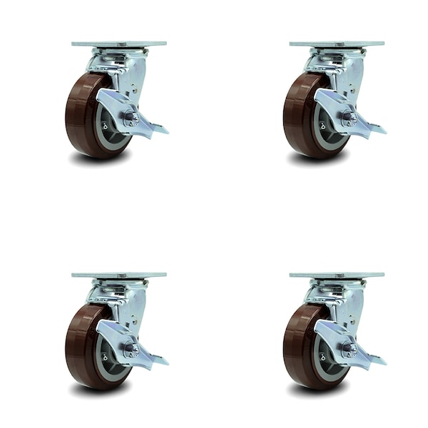 5 Inch Polyurethane Caster Set with Ball Bearings and Brake/Swivel Lock SCC
